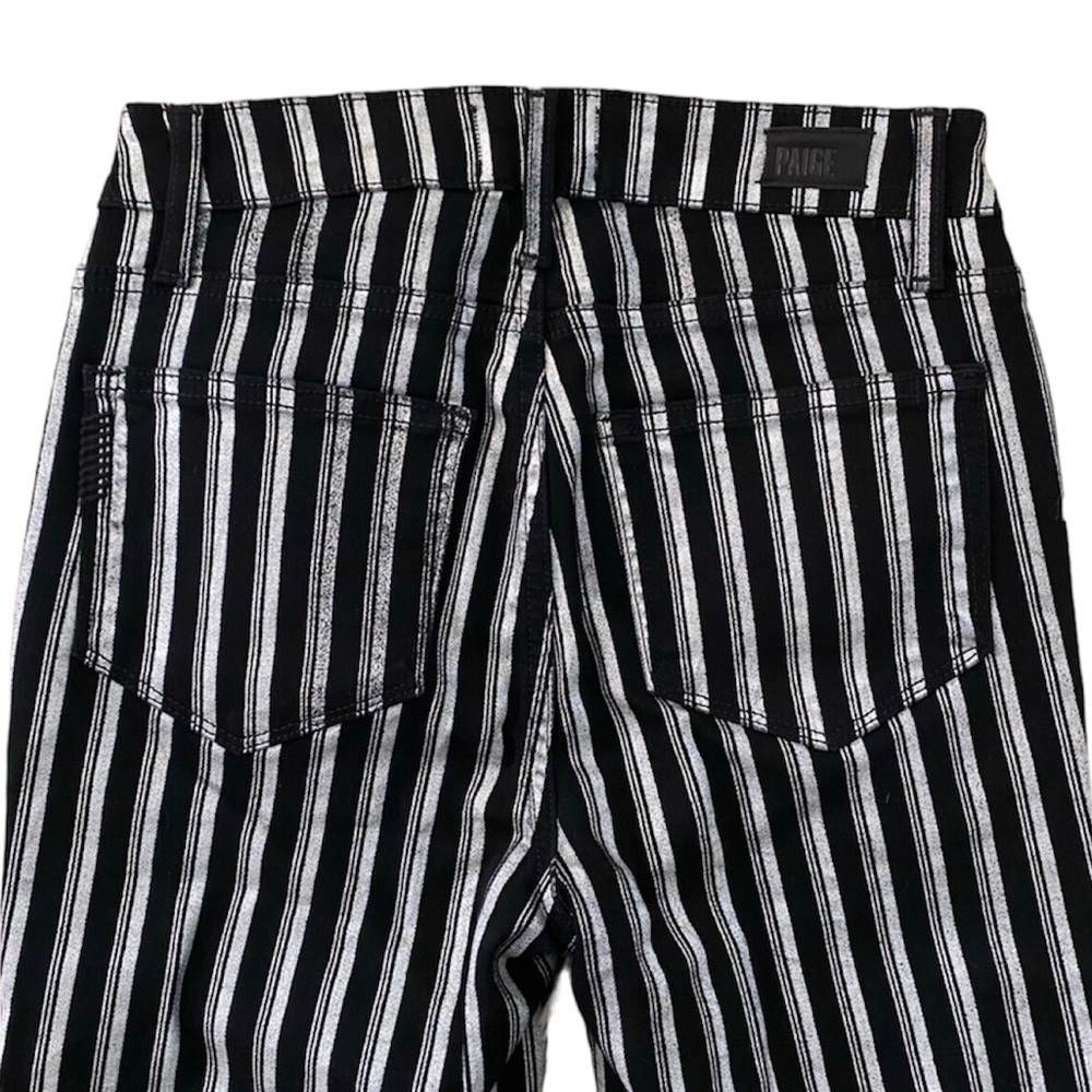 PAIGE Colette Crop Flare Metallic Striped Jeans w Raw Hem Silver Black Stripe 25 - Picture 10 of 14